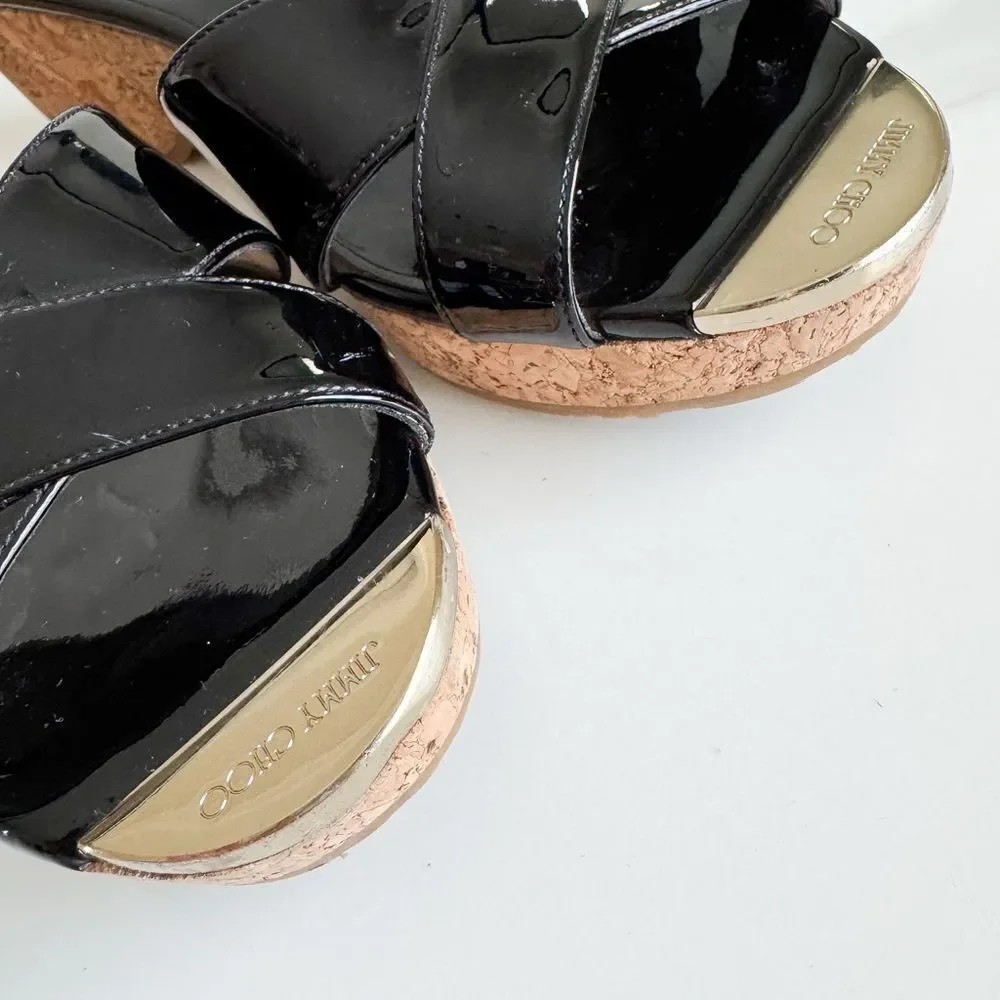 Jimmy Choo Patent Leather Cork Wedge Slide Sandals Black EU 40.5